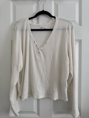 aerie Cream Ribbed Henley Long Sleeve Top